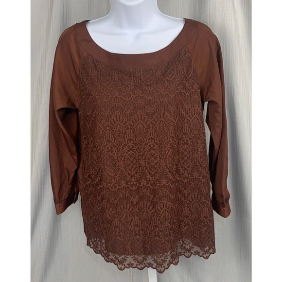 H&M Rust Button Cuff Long‎ Sleeve Boat Neck Lace Overlay Pullover Blouse Women 6 - Picture 1 of 12